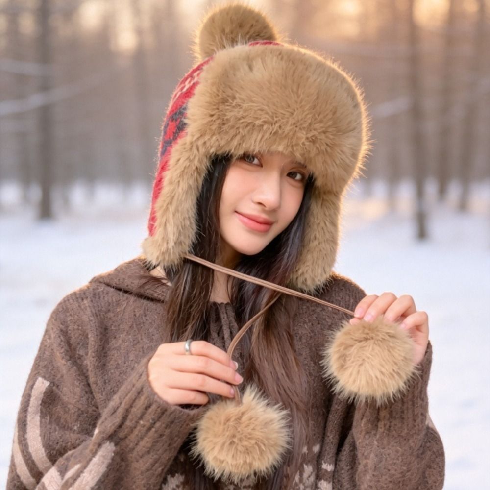 Trapper Hat Ear Flap - 스타일리시한 폴리에스터 니트 트래퍼 모자, 폼폼